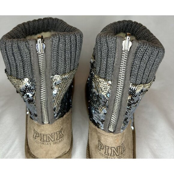 Victoria’s Secret Pink Slipper Boots Womens Size S 5/6 RARE Sequin Knit Faux Fur - Picture 5 of 16